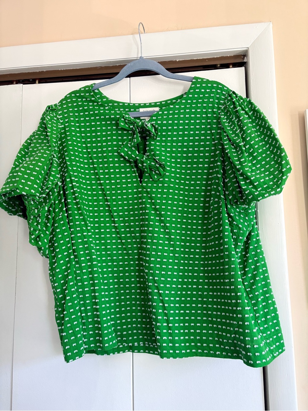 Kate Spade x Target Woven Green Puff-Sleeve Tie-Neck Top